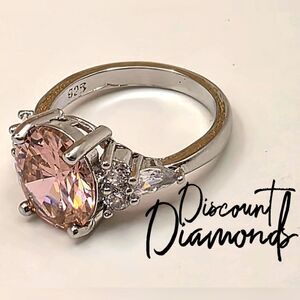 Pink Oval Cut Sapphire & White Baguette  Diamond Coctail Ring on 925 Silver